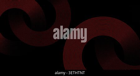 Minimalist dark background showcasing abstract red dynamic lines, forming sleek circular patterns. The design provides a clean, modern aesthetic. Stock Vector