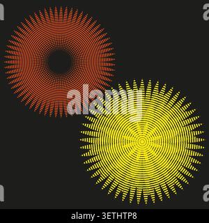 Abstract orange and yellow halftone radial sunburst shapes vector. Ideal for modern club posters and music event branding. EPS 10. Stock Vector