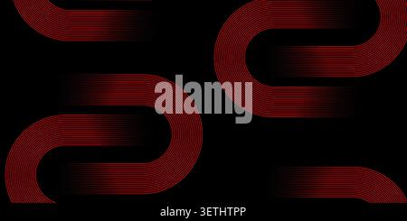 Dynamic red neon lines forming circular glowing shapes, futuristic technology background, parallel curved light streaks on solid black, high speed mot Stock Vector