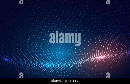 Futuristic technology background featuring a dynamic field of glowing blue, cyan, and pink particles forming smooth digital wave patterns. Stock Vector