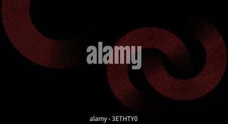 Swirling red lines forming circular patterns on dark surface. Abstract technological concept background with vibrant color contrast. Professional desi Stock Vector