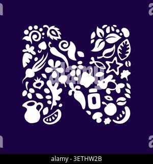 Creative vector design of letter N composed of healthy food icons: vegetables, fruits, and plants. Perfect for organic brands and eco friendly packagi Stock Vector