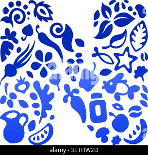 Creative vector design of letter N composed of healthy food icons: vegetables, fruits, and plants. Perfect for organic brands and eco-friendly packagi Stock Vector