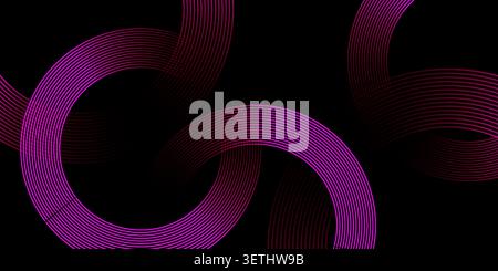 Sophisticated geometric design with neon violet curves and round shapes. Dark background with glowing multi line elements. Perfect for techno music po Stock Vector