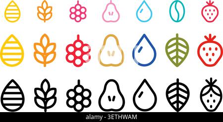 Modern vector icons featuring fruits, vegetables, and natural ingredients. Clean outline design for healthy food branding, organic shop logos, and men Stock Vector
