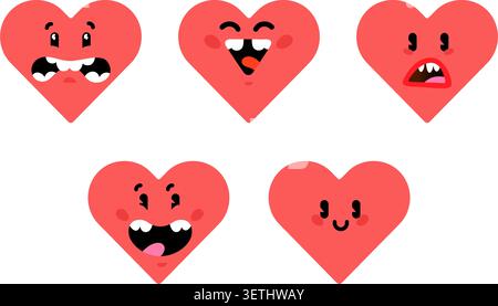 A collection of funny vector mascots in the form of hearts with different facial expressions. Icons, emoji in a kawaii style for romantic design, stic Stock Vector
