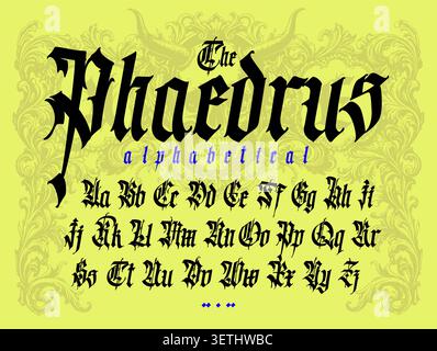 Unique vector font for tattoo designs, metal rock logos, and vintage posters. Authentic medieval calligraphy style for creative branding. Stock Vector