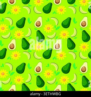 Vibrant flat vector illustration of whole avocados, slices, and flowers on a green background. Stock Vector