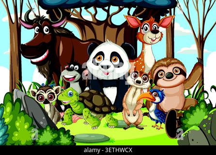 Colorful vector illustration of smiling jungle animals gathered together in a bright forest environment Stock Vector