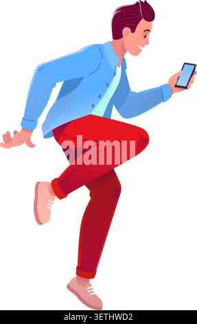 Vector cartoon illustration of a smiling young man jumping with a smartphone. Ideal for mobile banking, online shopping, social media communication, d Stock Vector
