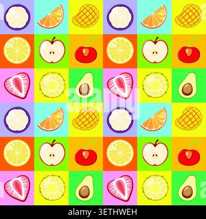 Flat vector illustration of sliced tropical fruits arranged in a vibrant repeating grid pattern. Stock Vector