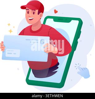 Happy young man in a red cap holding a giant blue paper envelope while appearing from a smartphone screen. Vector flat illustration of digital email d Stock Vector