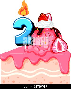 Slice of birthday cake with pink icing, ice cream, strawberries, and a number two candle. Stock Vector