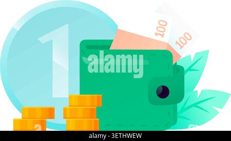 Green leather wallet with pink paper money banknotes and stacked gold coins. Vector flat illustration of personal financial savings, budget planning, Stock Vector