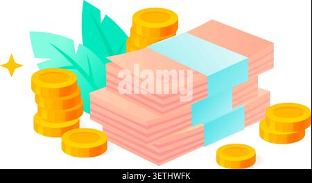 Vector 3d isometric bundle of currency banknotes with gold coins and green leaves. Flat icon for banking service, economic budget planning, high salar Stock Vector