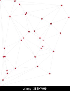 Abstract geometric network of red star shapes connected by thin lines. Constellation, science, technology, abstract art. White background. Stock Vector