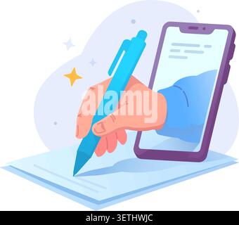 Hand with pen appearing from smartphone screen writing on paper document vector illustration. Digital electronic signature, online contract agreement Stock Vector