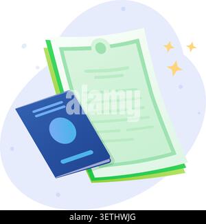 Blue passport with official document papers vector illustration. Identity card, travel visa, agreement contract, business license and citizen registra Stock Vector