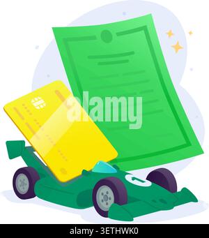 Green racing car with credit card and registration document vector illustration. Auto loan, fast vehicle payment, motorsport insurance and buying car Stock Vector