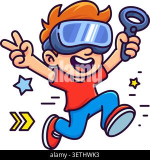 Cute boy jumping in VR headset holding controller vector illustration. Happy kid playing virtual reality video game showing peace sign. Active gamer m Stock Vector