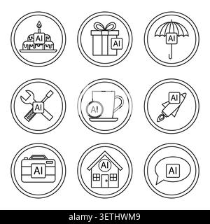AI icons set with everyday objects for technology concepts. Artificial intelligence integration for business and life application. Vector EPS 10. Stock Vector