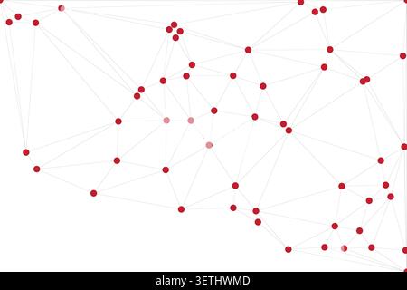 Abstract network of connected red dots and gray lines. Digital connectivity, data flow, technology, science. Clean white background. Stock Vector
