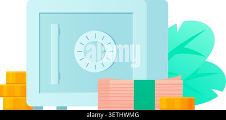 Metal safe box with money cash stacks and gold coins vector illustration. Secure banking, financial protection, wealth savings and investment concept. Stock Vector