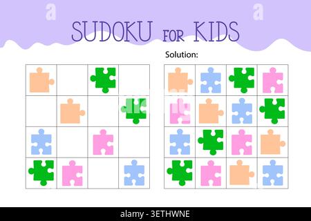 Colorful sudoku puzzle game for kids, educational logic worksheet for children featuring bright jigsaw puzzle pieces inside grid for brain development, learning, and creative thinking Stock Vector