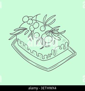 Christmas cake loaf with icing sugar glaze berries rosemary leaves vector illustration. Traditional winter holiday dessert on platter element for Stock Vector