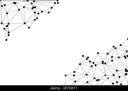 Two decorative corners featuring black connected points and lines. Modern frame composition with asymmetric digital clusters symbolizing incomplete co Stock Vector