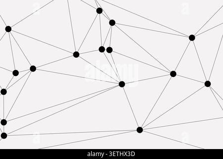 energetic graphic showcases numerous black dots linked by straight lines, forming an intricate and evolving geometric network across a subtle gray bac Stock Vector