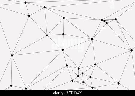 Abstract geometric pattern of connected black dots and thin lines on light grey canvas. Network structure with triangular and linear formations. Stock Vector