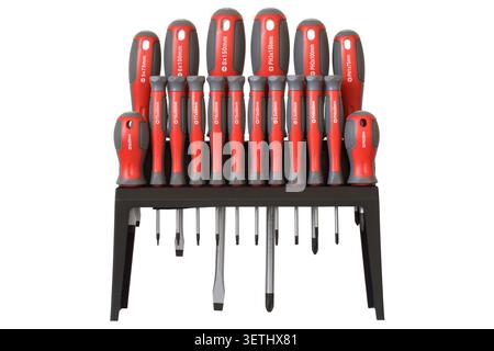 A modern set of screwdrivers isolated on a white background. New screwdrivers with a stand. Stock Photo