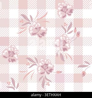 Flower pattern fusion rose pink on gingham checkered background with garden flowers. Farmhouse spring colors backdrop Stock Vector