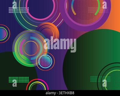 Abstract geometric background with colorful neon circles and futuristic rings Stock Vector