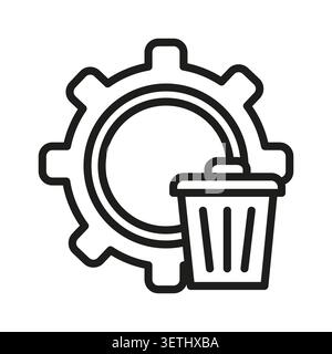 Trash can gear wheel black vector icon features garbage mechanics outline. System cleanup process visualizes file deletion maintenance progress. Stock Vector