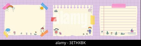 Vector torn paper sheets with naive doodle kids drawings, Cute blank notes taped with washi tape, school education designs and teacher resources Stock Vector