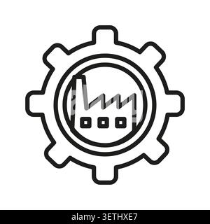 Factory gear industrial wheel black vector icon features plant mechanics line. Manufacturing production building highlights engineering technology Stock Vector
