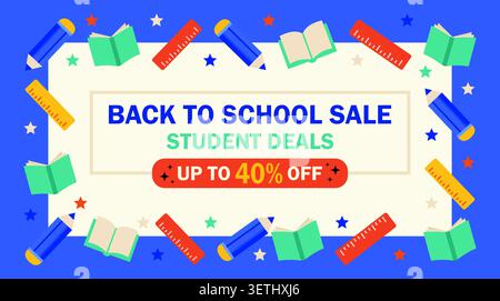 Back to school sale banner with school supplies like pencils, rulers and books on a blue background Stock Vector