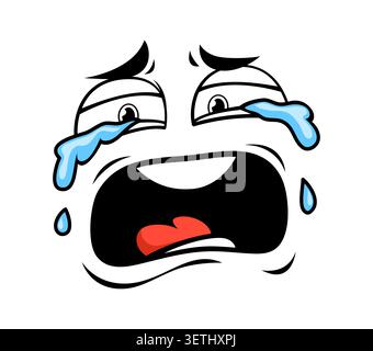 Crying cartoon face emoji with streaming tears and wide open mouth conveying extreme sadness and emotional release expression. Expressive comic character showing desperation and dramatic reaction Stock Vector