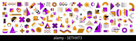 Memphis geometric shapes and elements set, featuring vector triangle, circle, square and cross, wave, dot or stripe. Arrow, cube, cylinder and halftone forms in purple, orange, black and white color Stock Vector