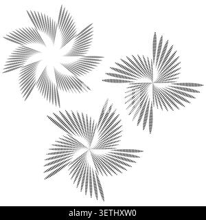 Monochrome geometric starbursts made of radial dots vector. Graphic supports technology branding and data visualization projects. EPS 10. Stock Vector