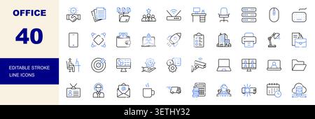Office, Workplace, Business Management, Productivity, Administrative Work Line Icons Set Editable Stroke Vector Illustration Stock Vector