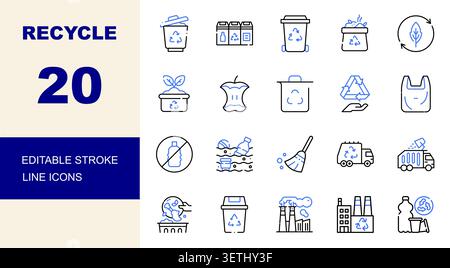 Recycle, Waste Management, Sustainability and Environmental Protection Line Icons Set Editable Stroke Vector Illustration Stock Vector