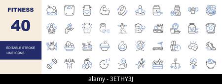 Fitness, Workout, Healthy Lifestyle and Nutrition Line Icons Set Editable Stroke Vector Illustration Stock Vector
