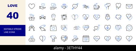 Love, Heart, Romance and Valentine's Day Line Icons Set Editable Stroke Vector Illustration Stock Vector