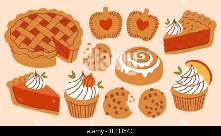 Delicious autumn bakery vector collection featuring pumpkin pie, cinnamon roll, cupcakes, and cookies. Sweet cozy fall desserts flat illustration for Stock Vector