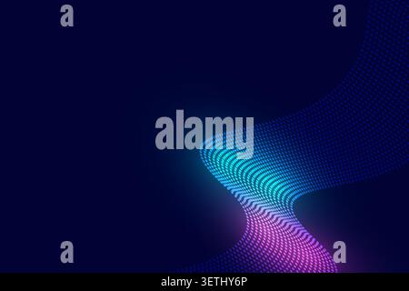 Modern futuristic background featuring a flowing stream of luminous blue and pink particles on a dark gradient backdrop. The elegant dotted wave. Stock Vector