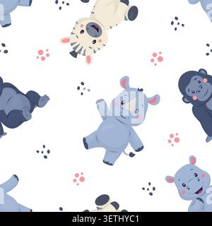 Seamless pattern with cute cartoon animals rhinoceros, monkey and zebra.Vector illustration in soft style.Playful background for children's textiles Stock Vector