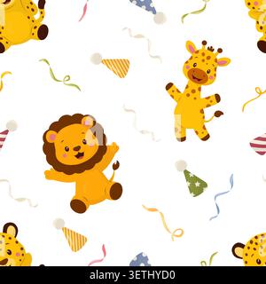 Seamless pattern with cute lion, giraffe, leopard, party hats and ribbons.Vector illustration.Playful background for children's textiles, children's Stock Vector